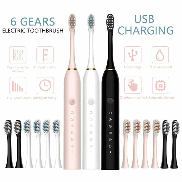 Electric Toothbrush Sonic Rechargeable 5 Modes Kids Adults Brush 4 Heads USB